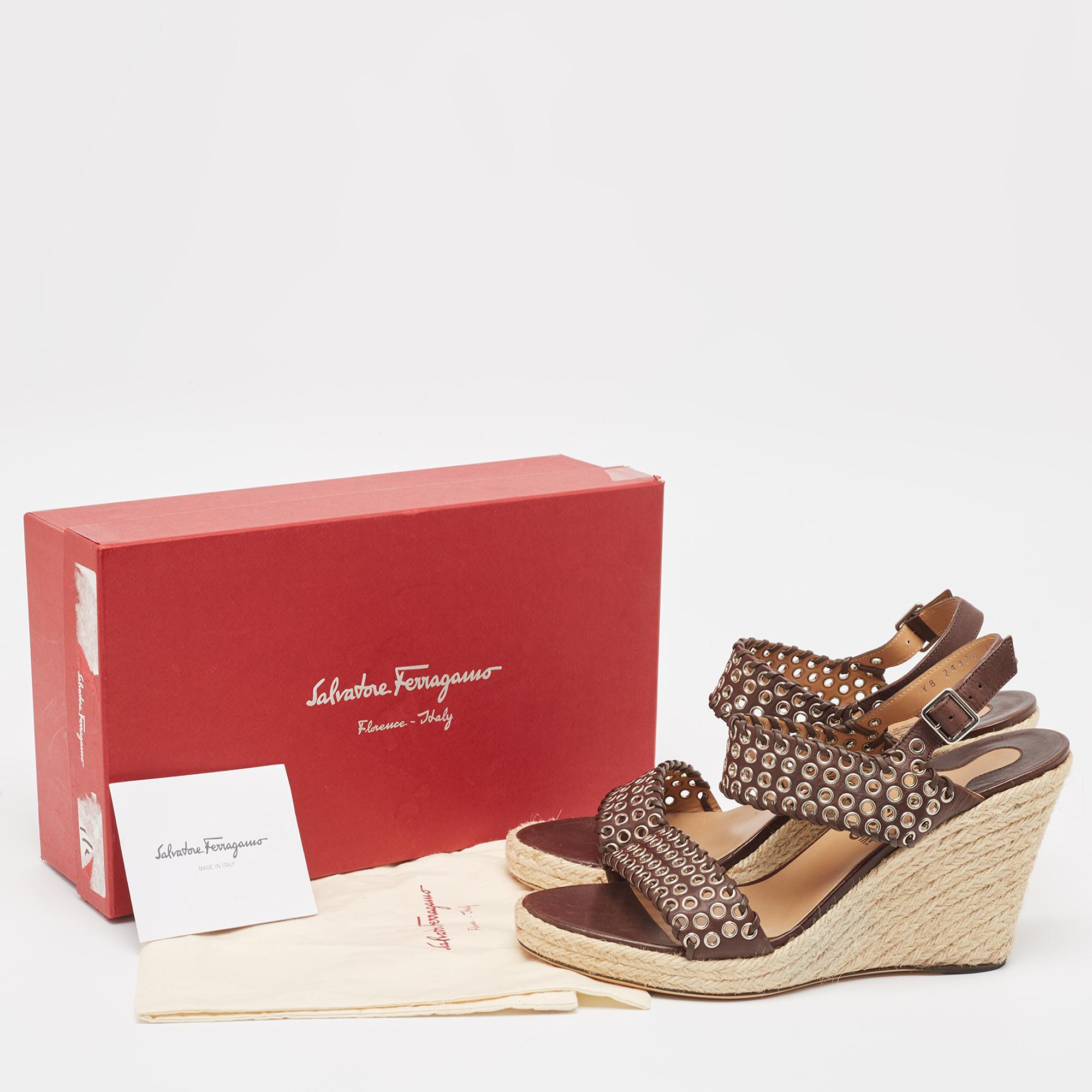 Salvatore Ferragamo Brown Leather Eyelet Embellished Wedge Sandals Size 40.5 For Sale 4
