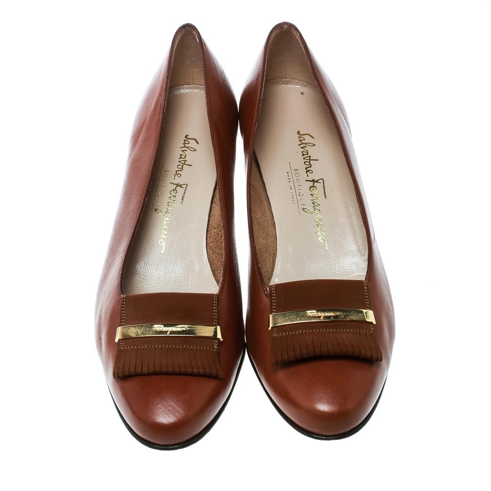 Women's Salvatore Ferragamo Brown Leather Fringe Detail Pumps Size 39