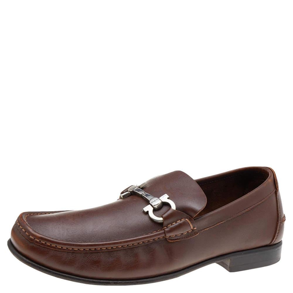 Black Salvatore Ferragamo Brown Leather Gancini Bit Loafers Size 43 For Sale