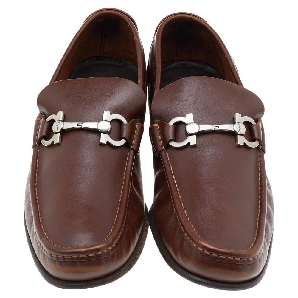 Salvatore Ferragamo Brown Leather Gancini Bit Loafers Size 43 For Sale 1