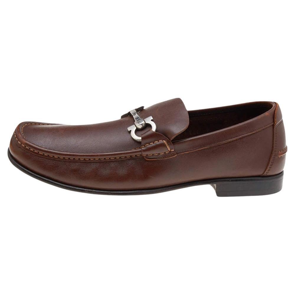 Salvatore Ferragamo Brown Leather Gancini Bit Loafers Size 43 For Sale