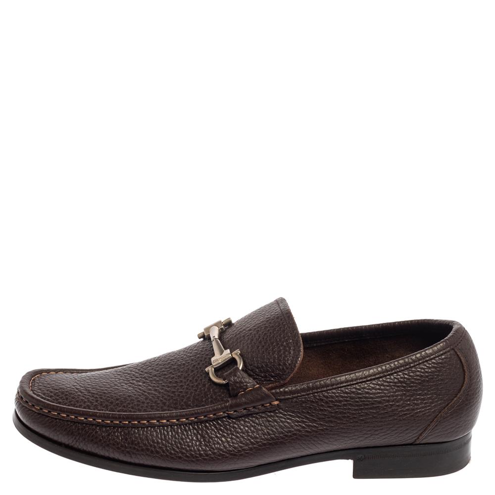 Salvatore Ferragamo Brown Leather Gancini Bit Loafers Size 43.5 In Fair Condition In Dubai, Al Qouz 2