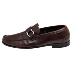 Used Salvatore Ferragamo Brown Leather Gancio Slip On Loafers Size 40
