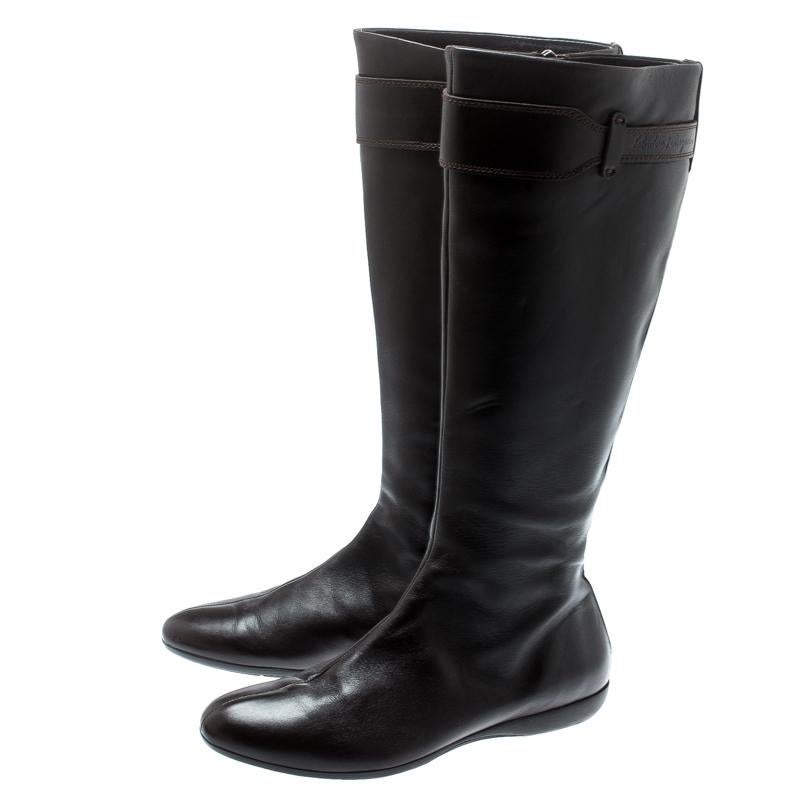 Black Salvatore Ferragamo Brown Leather Knee Boots Size 36.5