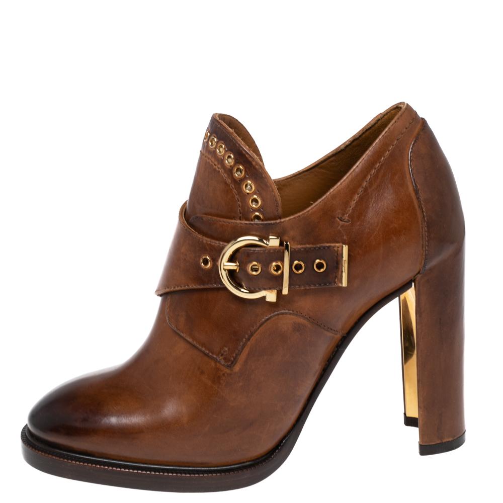 Women's Salvatore Ferragamo Brown Leather Narcis Ankle Boots Size 39