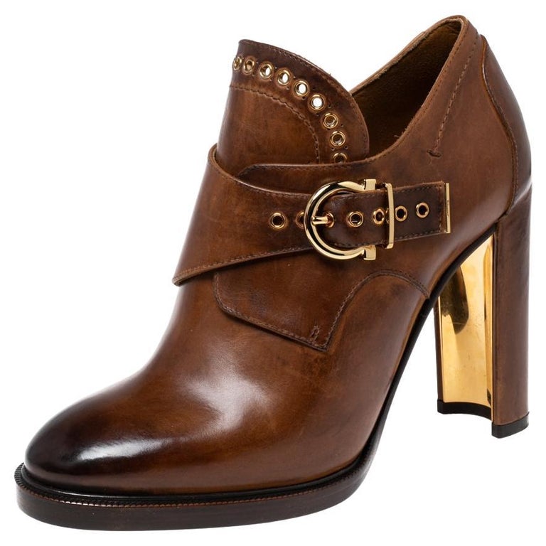 Salvatore Ferragamo Brown Leather Narcis Ankle Boots Size 39 For Sale at  1stDibs