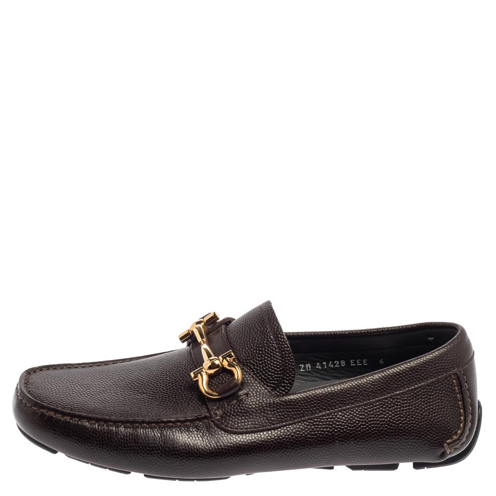 Men's Salvatore Ferragamo Brown Leather Parigi Gancini Slip On Loafers Size 40