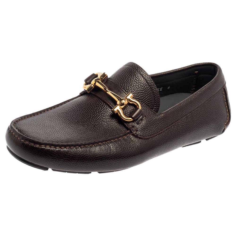 Salvatore Ferragamo Brown Leather Parigi Gancini Slip On Loafers Size 40