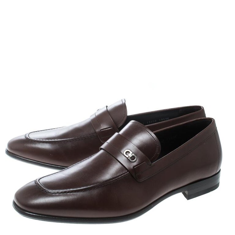 Salvatore Ferragamo Brown Leather Paros Loafers Size 44.5 For Sale at ...