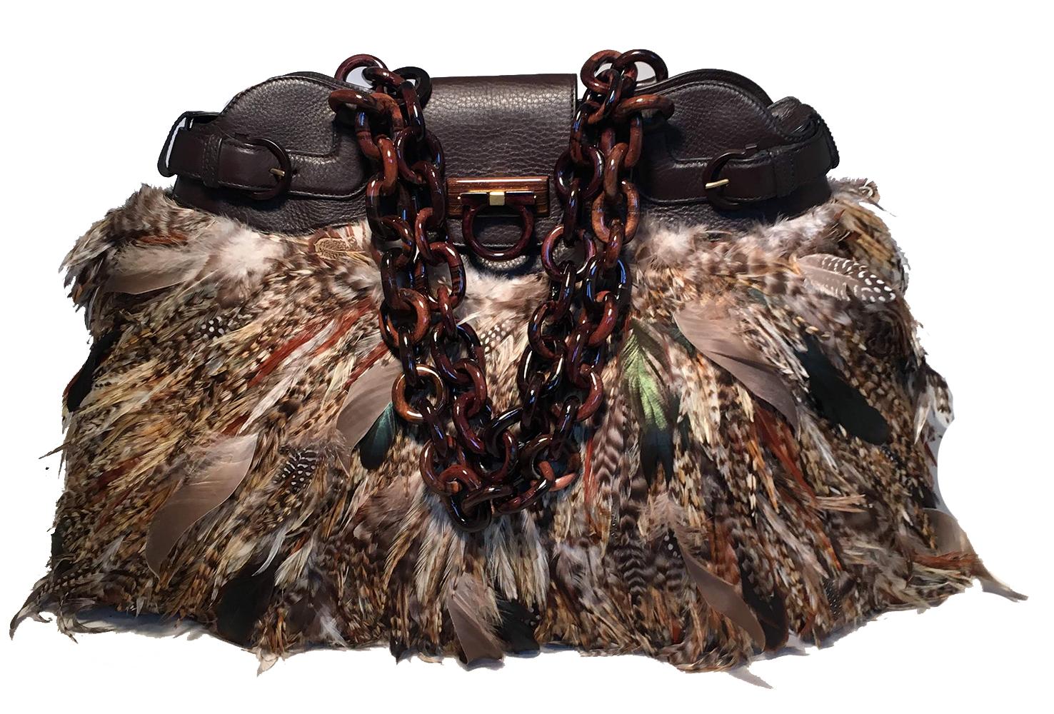 Salvatore Ferragamo Brown Leather Pheasant Feather Shoulder Bag Tote in excellent condition. Brown leather top with beautiful wooden brown chain link shoulder straps and natural multicolor pheasant feather body. Front flap latch closure opens to a