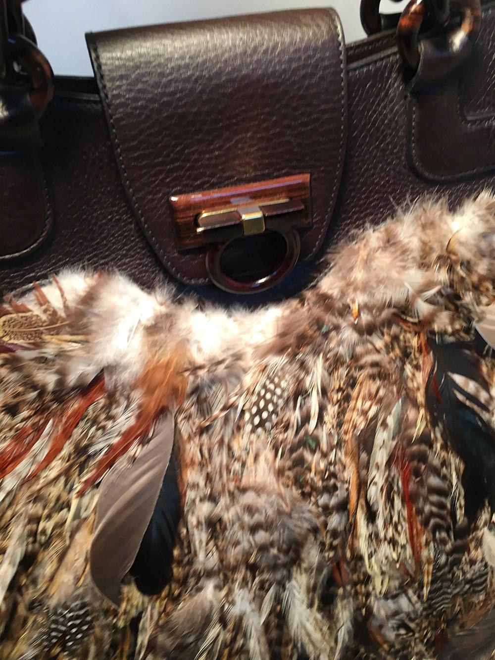 Black Salvatore Ferragamo Brown Leather Pheasant Feather Shoulder Bag Tote
