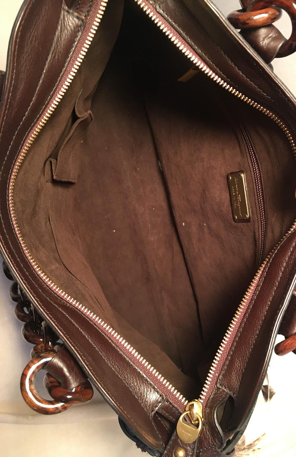 Salvatore Ferragamo Brown Leather Pheasant Feather Shoulder Bag Tote In Excellent Condition In Philadelphia, PA
