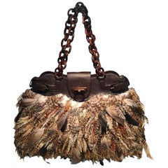 Salvatore Ferragamo Brown Leather Pheasant Feather Shoulder Bag Tote