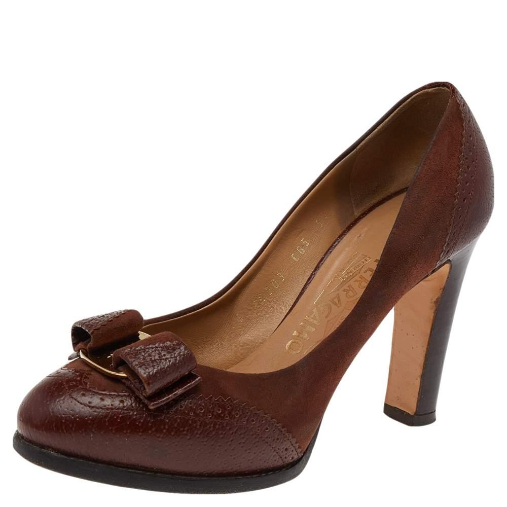 From the house of Salvatore Ferragamo, these pumps are tastefully designed. This classic pair in leather will match well with almost all your outfits. The brown pumps feature the iconic bows, almond toes, block heels, and comfortable leather-lined