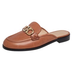 Salvatore Ferragamo Brown Leather Viggio Flat Mules Size 37.5