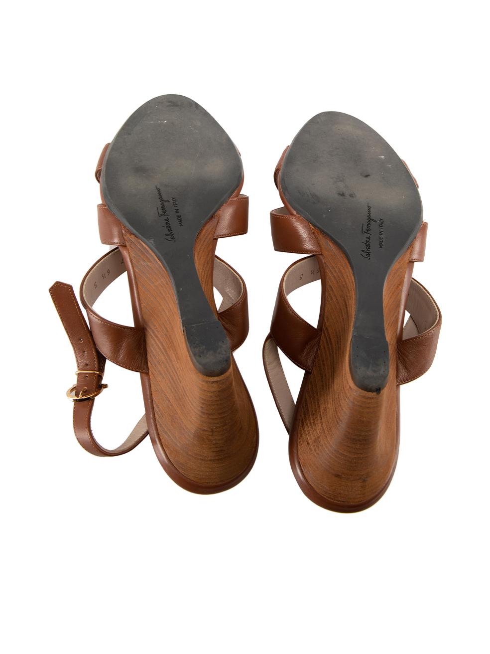 Women's Salvatore Ferragamo Brown Leather Wedge Sandals Size US 6.5 For Sale