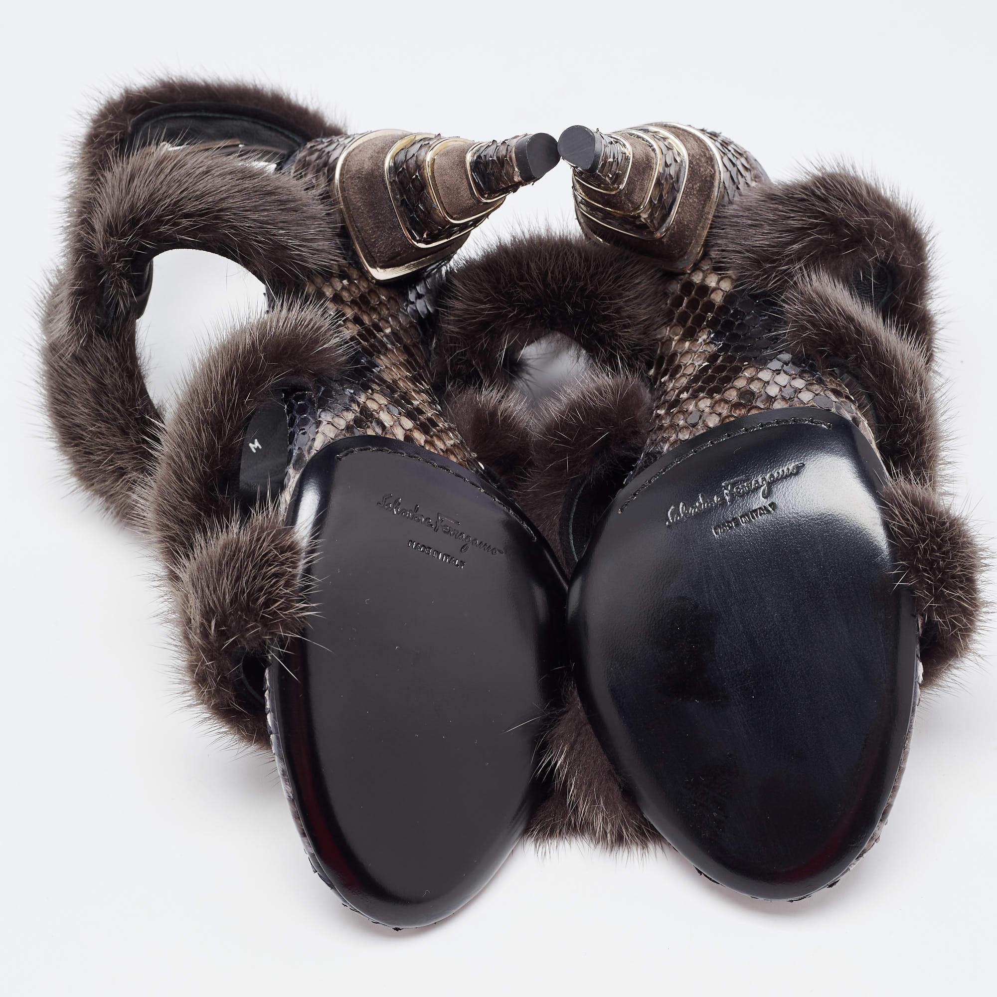 Women's Salvatore Ferragamo Brown Mink Fur and Python Leather Cage Sandals Size 39 For Sale