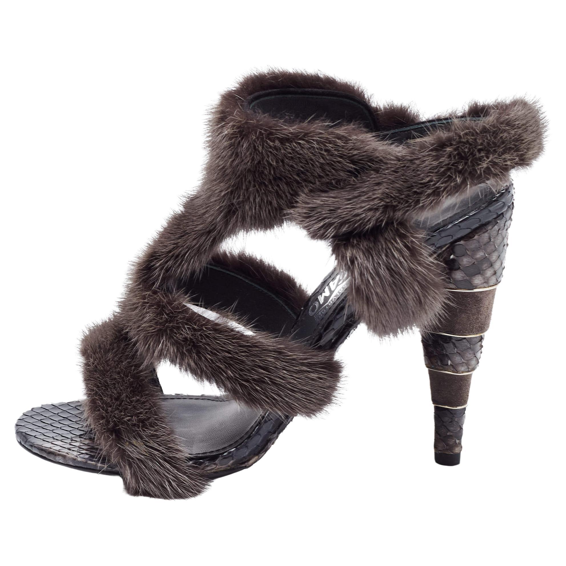 Salvatore Ferragamo Brown Mink Fur and Python Leather Cage Sandals Size 39 For Sale