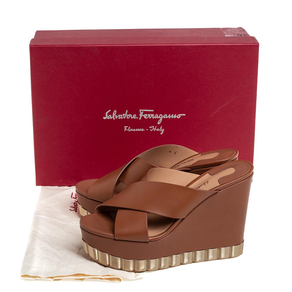 Salvatore Ferragamo Brown Nicosia Wedge Platform Cross Strap Sandals Size 36.5 3