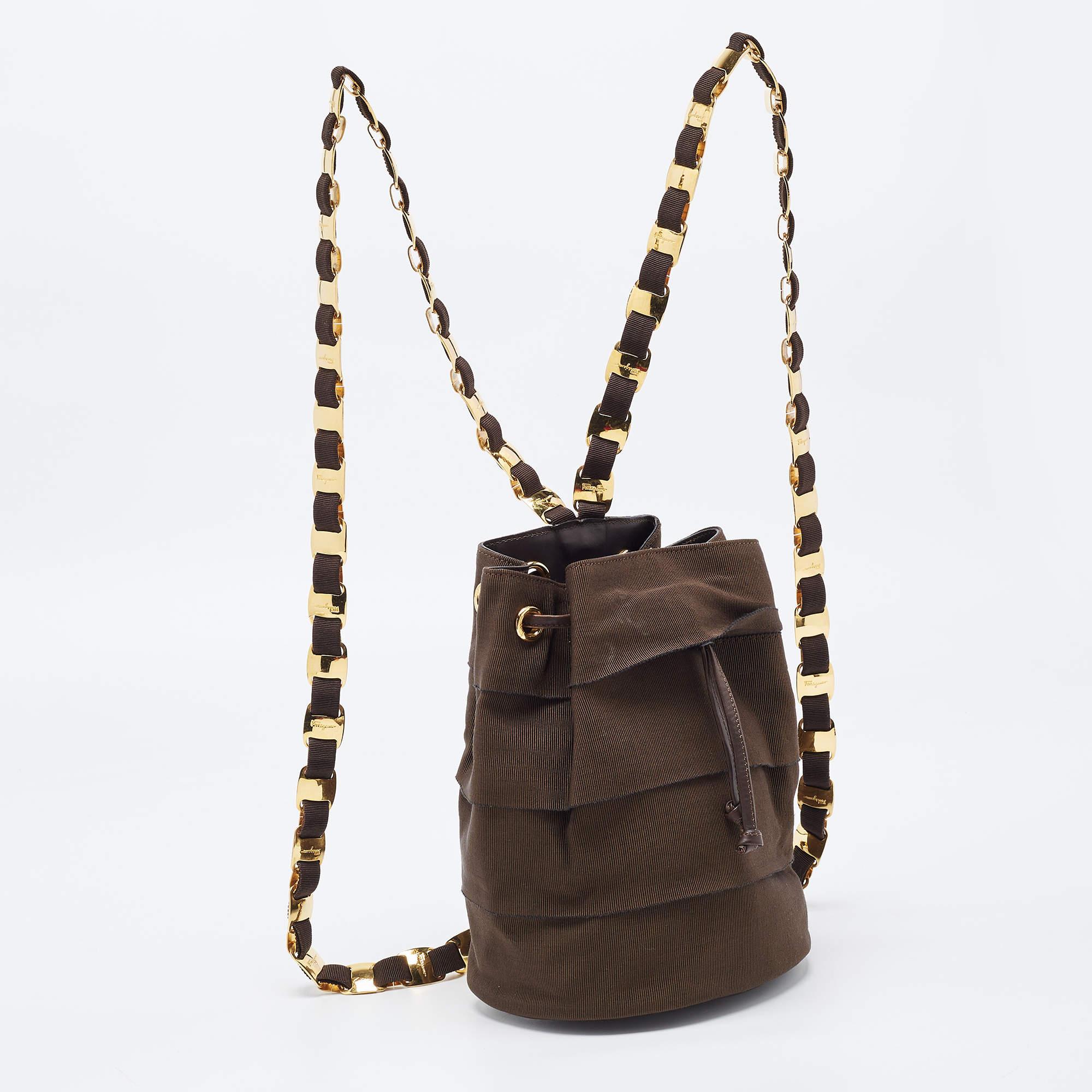 Salvatore Ferragamo Brown Nylon and Leather Mini Vintage Backpack In Good Condition In Dubai, Al Qouz 2