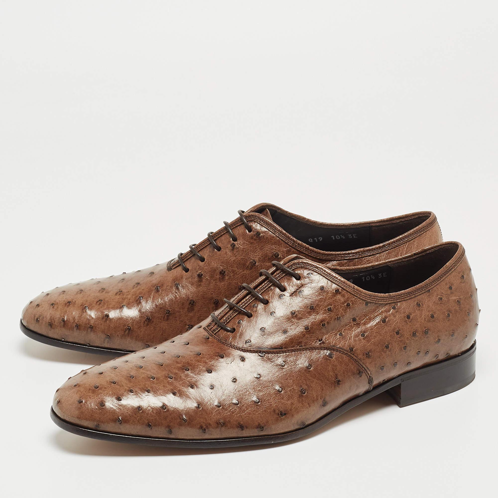 Salvatore Ferragamo Brown Ostrich Gris Oxfords Size 44.5 For Sale