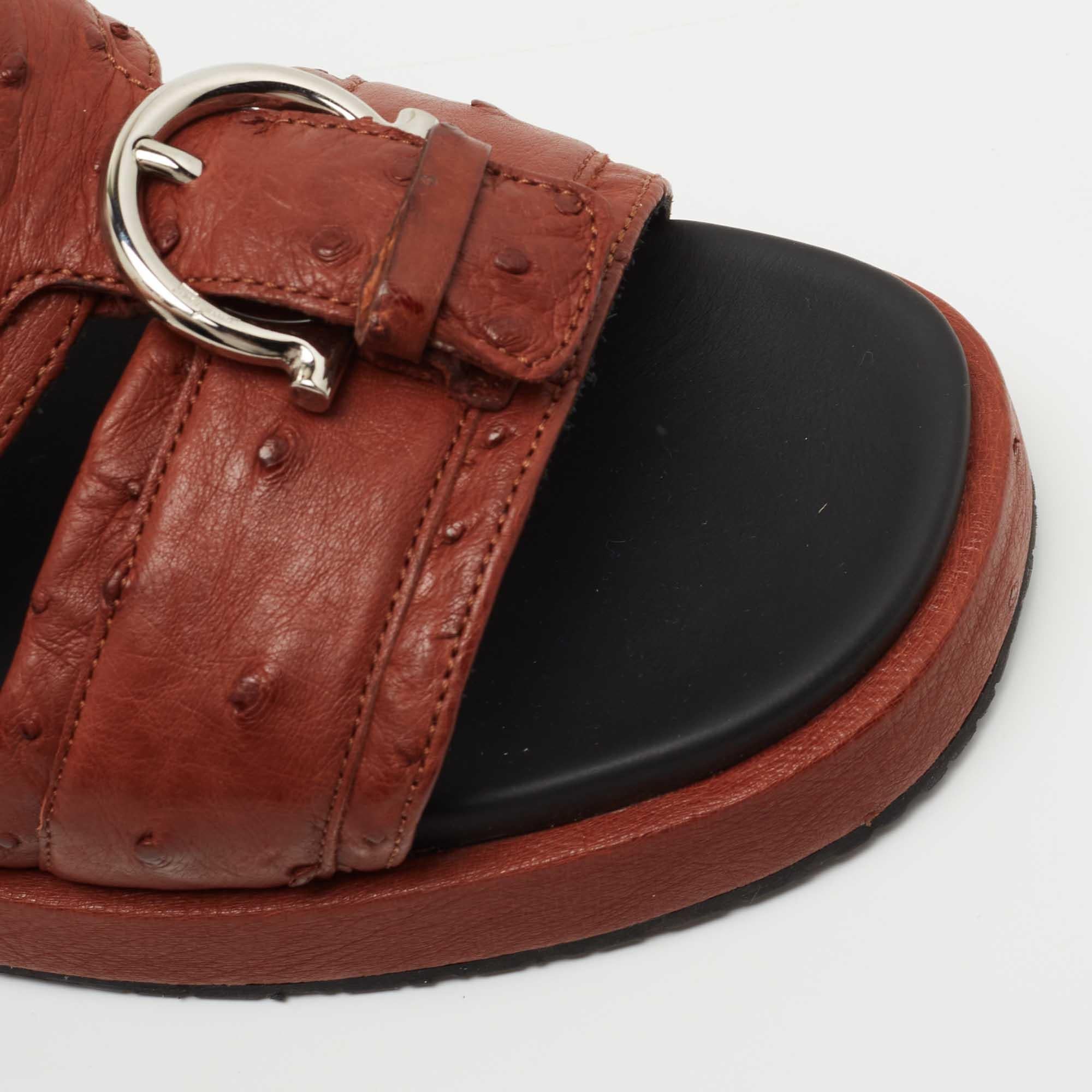 Salvatore Ferragamo Brown Ostrich Leather Slides Size 40.5 1