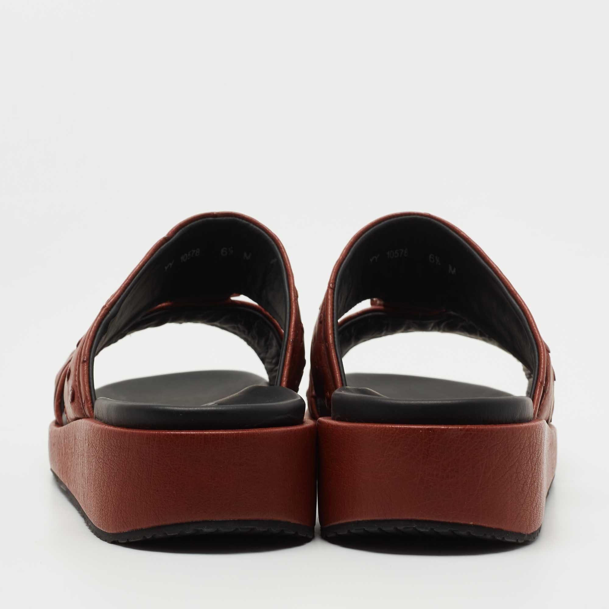 Salvatore Ferragamo Brown Ostrich Leather Slides Size 40.5 3