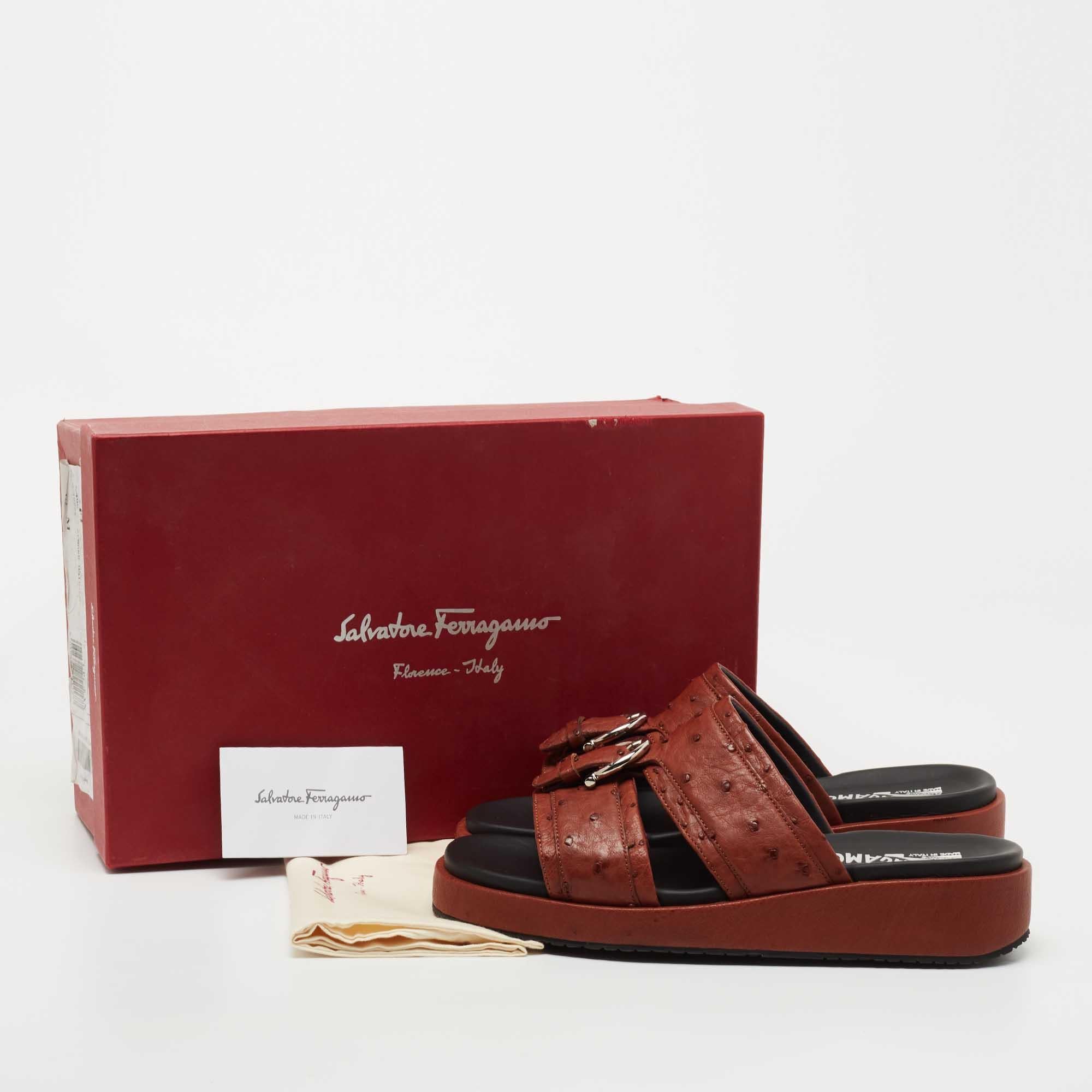Salvatore Ferragamo Brown Ostrich Leather Slides Size 40.5 5