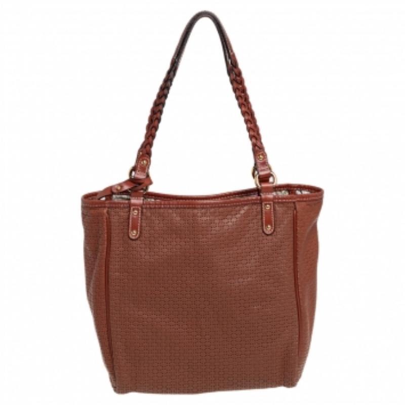 Salvatore Ferragamo Brown Perforated Leather Braided Handle Tote For Sale 2