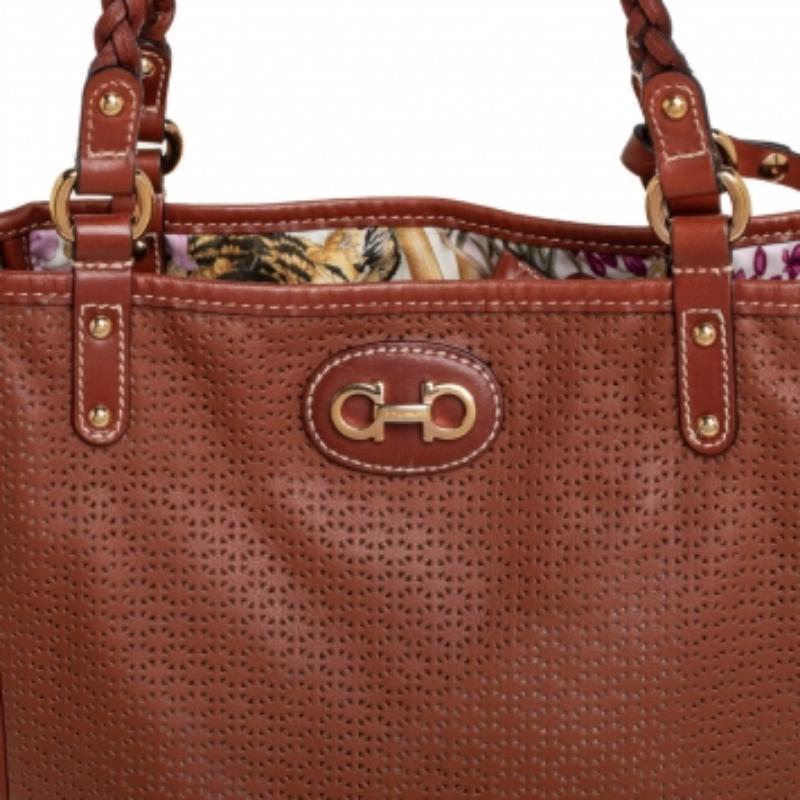 Salvatore Ferragamo Brown Perforated Leather Braided Handle Tote For Sale 3