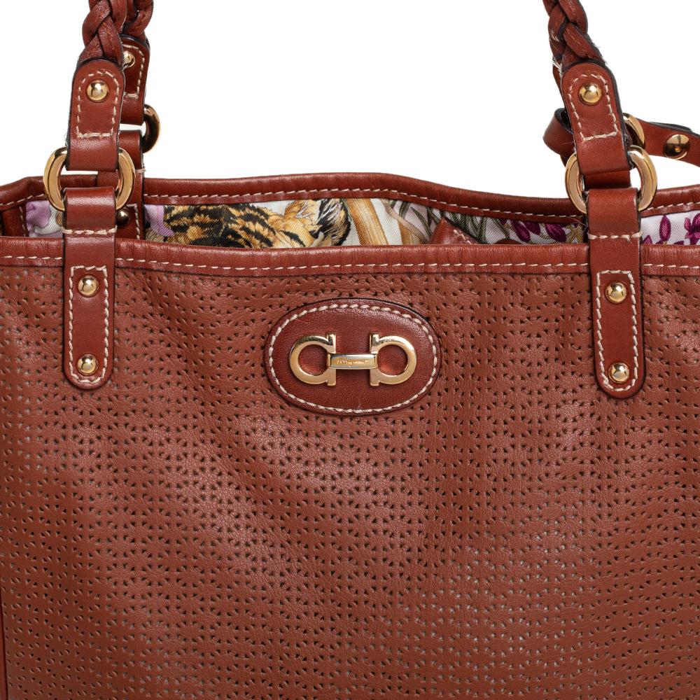 Salvatore Ferragamo Brown Perforated Leather Braided Handle Tote For Sale 4