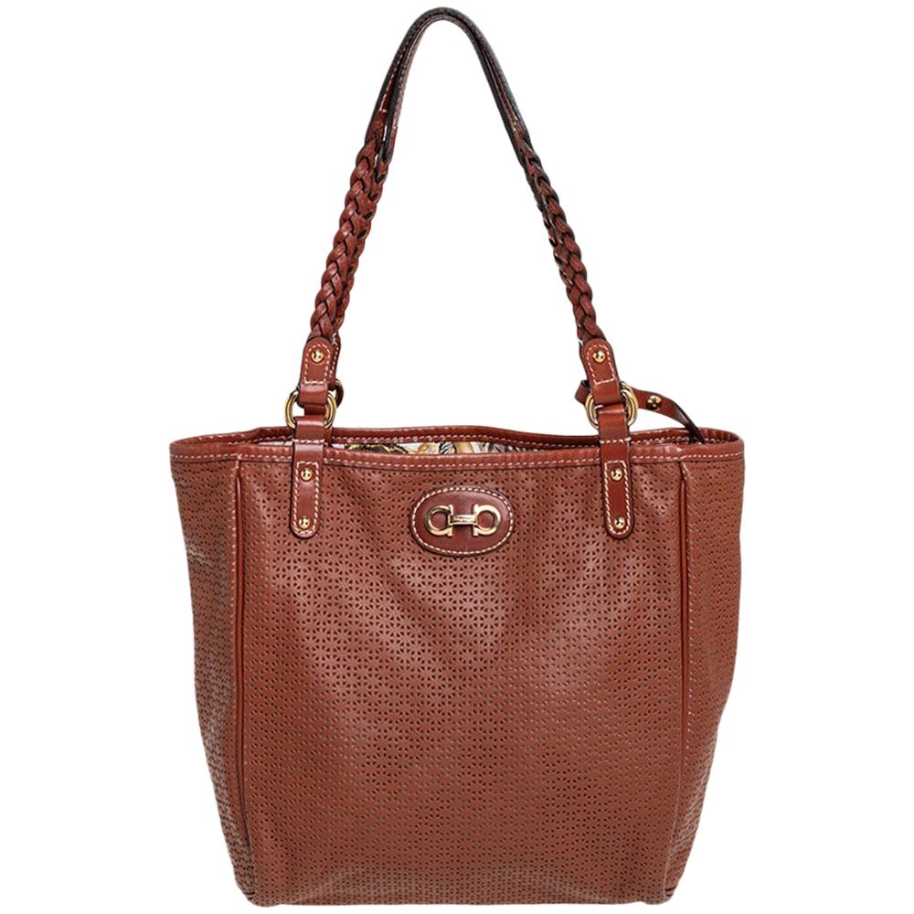 Salvatore Ferragamo Brown Perforated Leather Braided Handle Tote For Sale