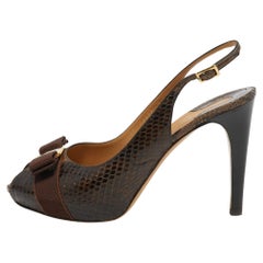 Salvatore Ferragamo Brown Python Leather Vara Bow Slingback Pumps Size 39.5