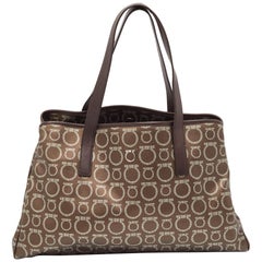 Salvatore Ferragamo Brown/Silver Gancini Printed Coated Canvas Leather Zip Tote
