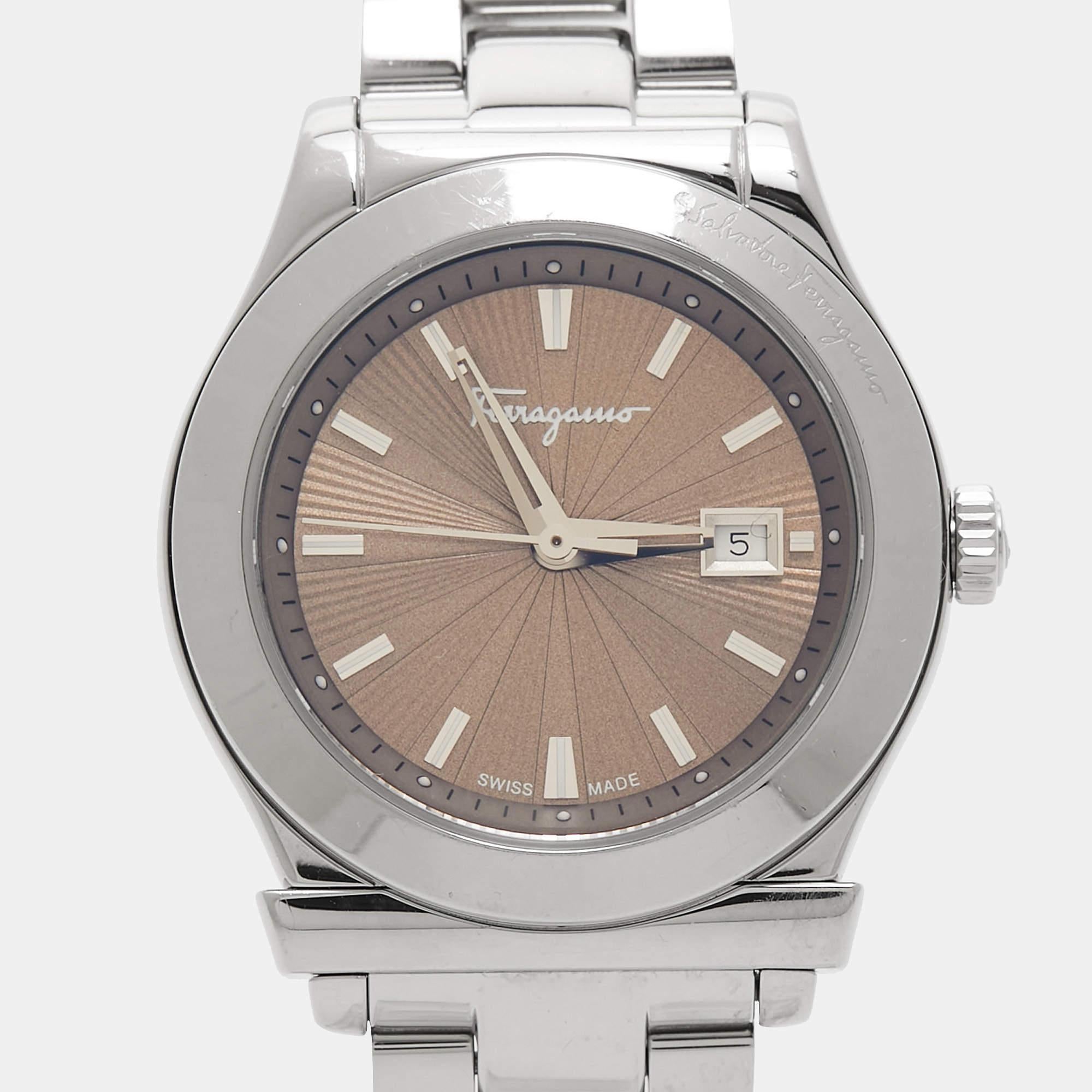 Salvatore Ferragamo Brown Stainless Steel 1898 FF3 Women's Wristwatch 33 mm For Sale 5