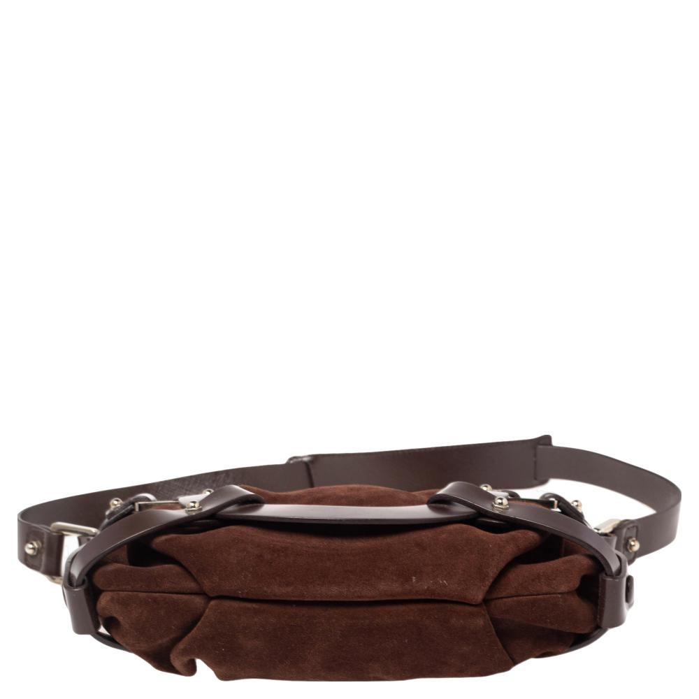 Salvatore Ferragamo Brown Suede and Leather Gancio Baguette Shoulder Bag In Good Condition For Sale In Dubai, Al Qouz 2
