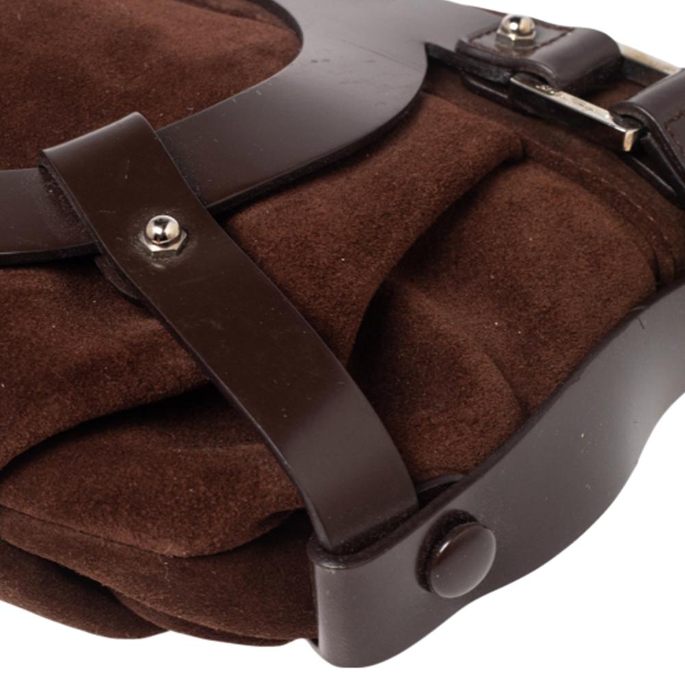 Women's Salvatore Ferragamo Brown Suede and Leather Gancio Baguette Shoulder Bag For Sale