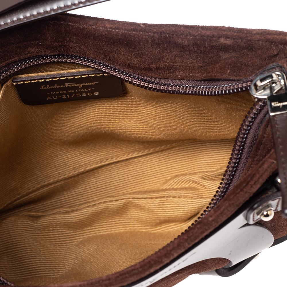 Salvatore Ferragamo Brown Suede and Leather Gancio Baguette Shoulder Bag For Sale 3