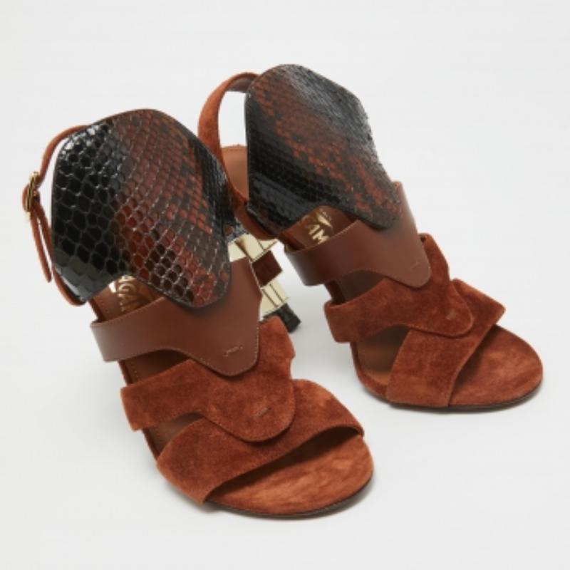 Salvatore Ferragamo Brown Suede and Python Laos Slingback Sandals Size 37.5 Pour femmes en vente