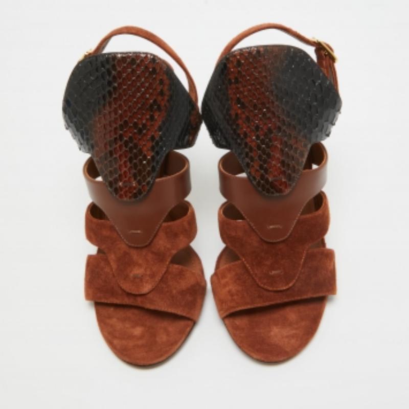 Salvatore Ferragamo Brown Suede and Python Laos Slingback Sandals Size 37.5 en vente 2