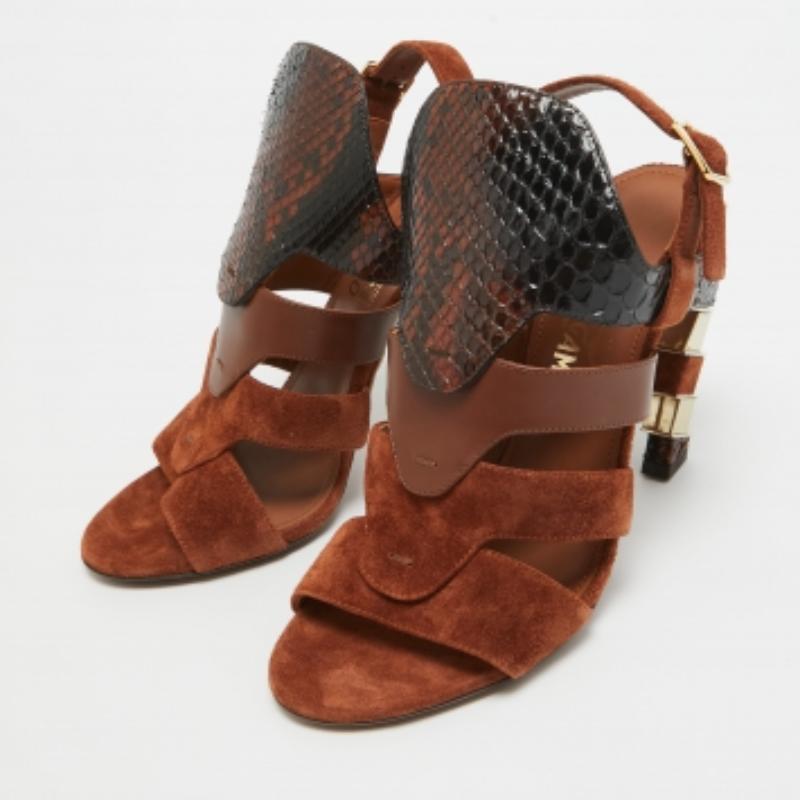 Salvatore Ferragamo Brown Suede and Python Laos Slingback Sandals Size 37.5 en vente 3