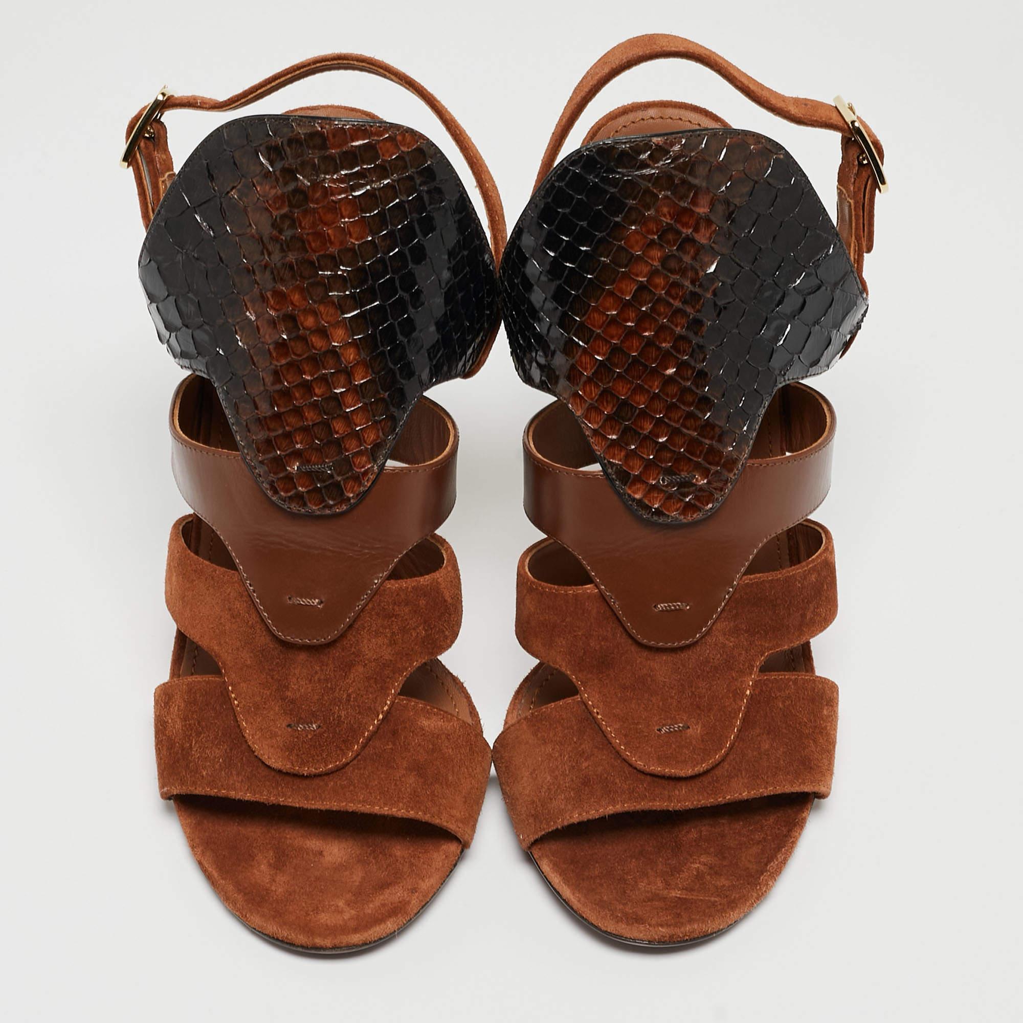 Salvatore Ferragamo Brown Suede and Python Leather Laos Strappy Slingback Sandal In New Condition For Sale In Dubai, Al Qouz 2