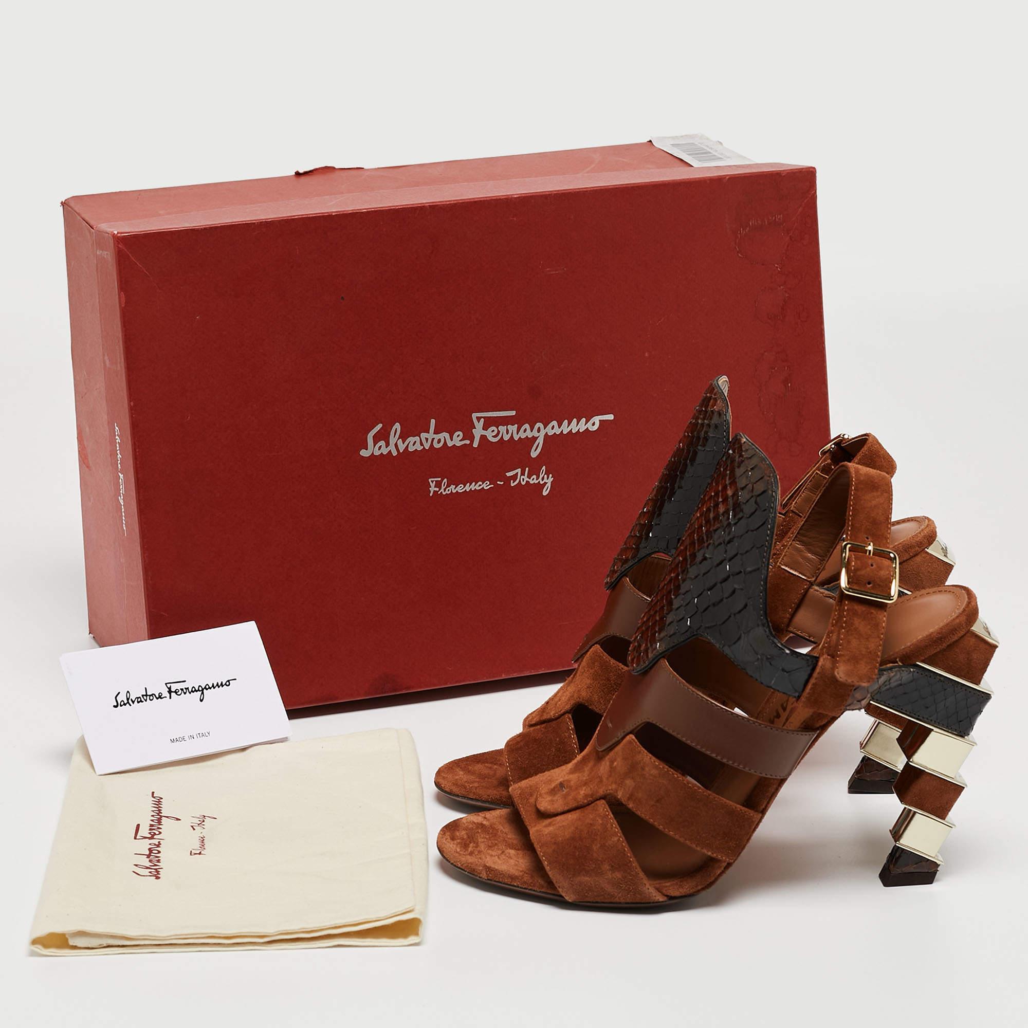Salvatore Ferragamo Brown Suede and Python Leather Laos Strappy Slingback Sandal For Sale 5