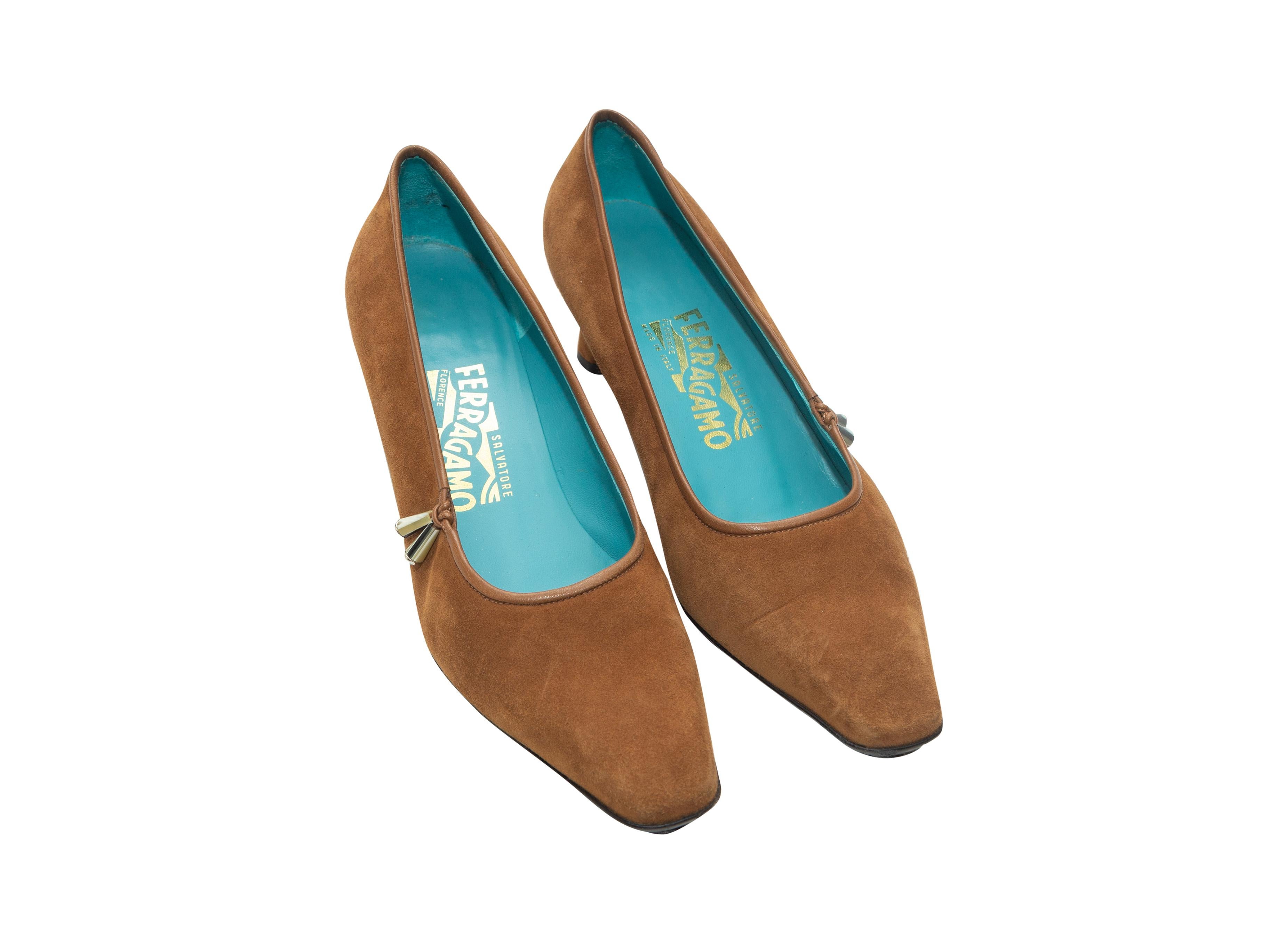 Product details: Brown suede pointed-toe pumps by Salvatore Ferragamo. Silver-tone and blue bead accents at sides. Kitten heels. 2