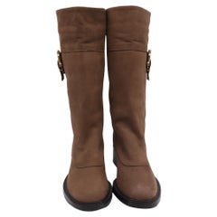 Salvatore Ferragamo Buckle Accent Riding Boots in Brown Suede