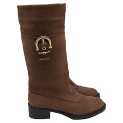 Salvatore Ferragamo Buckle Accent Riding Boots in Brown Suede