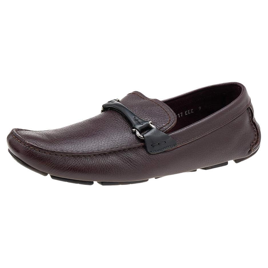 Salvatore Ferragamo Burgundy/Black Leather Gancini Bit Slip On Loafers Size 43 For Sale