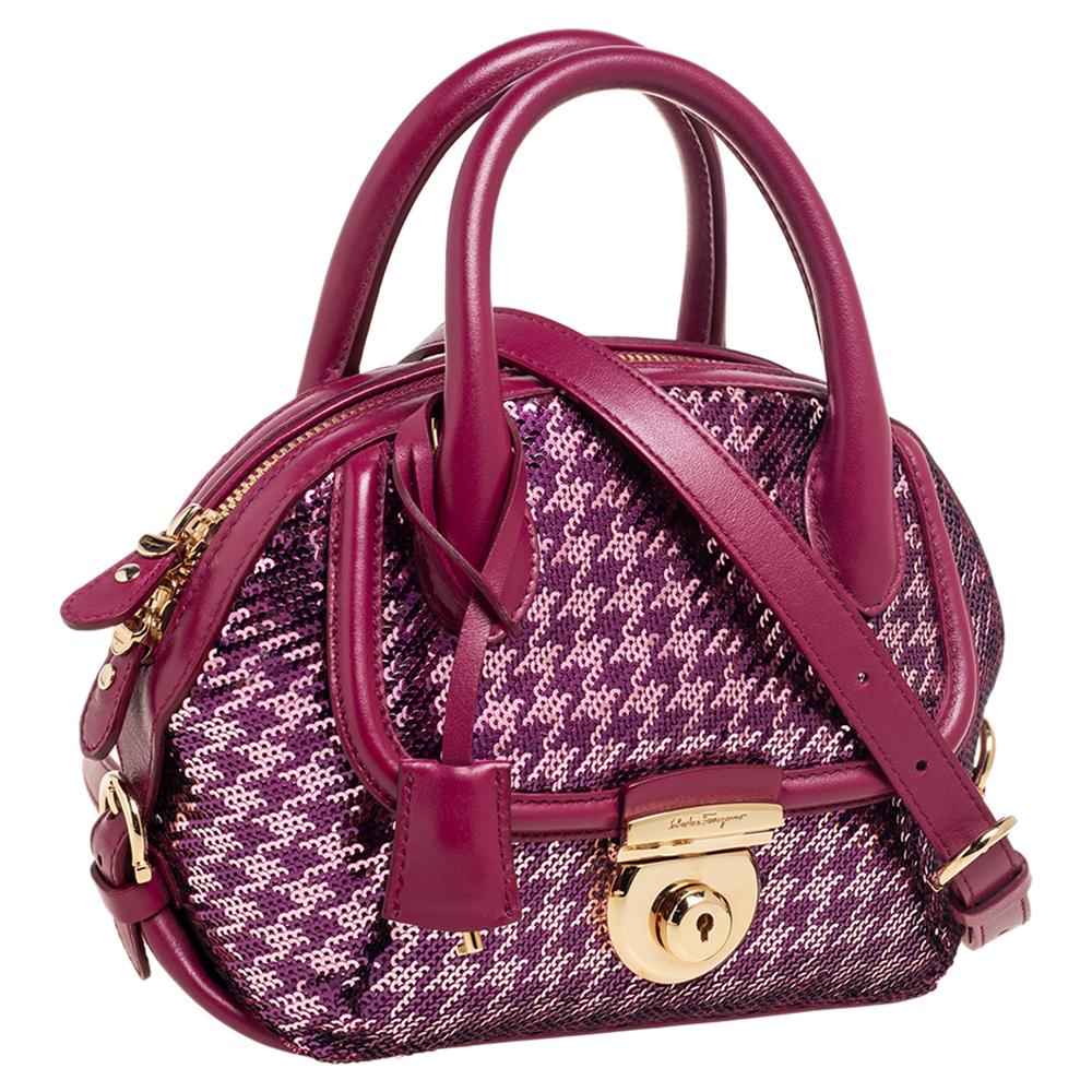 Brown Salvatore Ferragamo Burgundy Leather and Sequin Fiamma Satchel