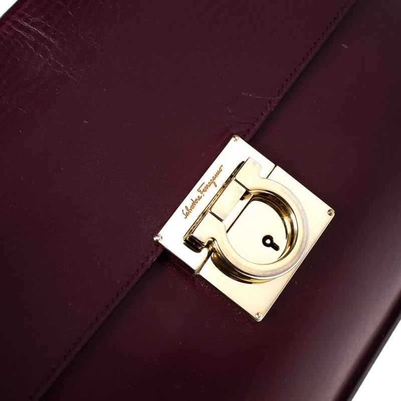 Salvatore Ferragamo Burgundy Leather Gancio Lock Shoulder Bag 2