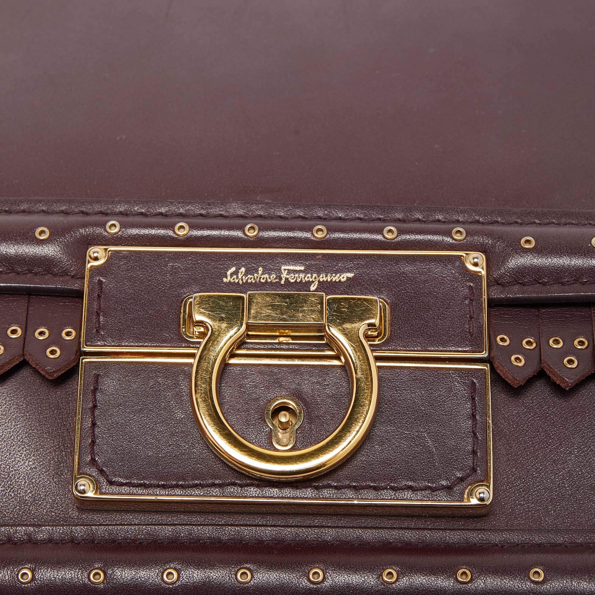 Salvatore Ferragamo Burgundy Leather Grommets Aileen Top Handle Bag 4